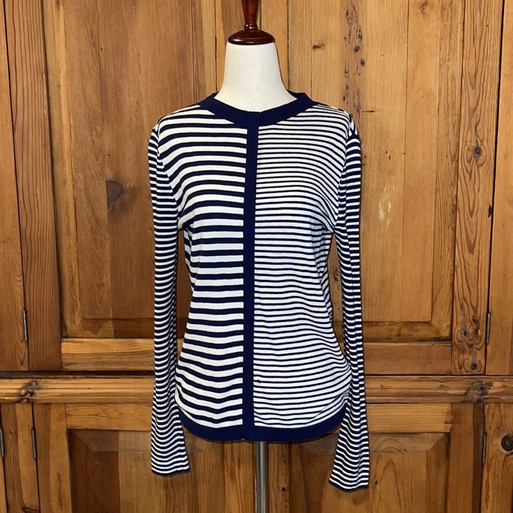 J. McLaughlin Navy Blue & White Striped Crew Neck Sweater Sz.S
